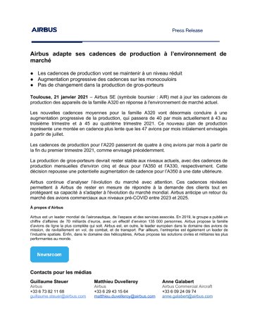 Airbus adapte ses cadences de production à l’environnement de marché