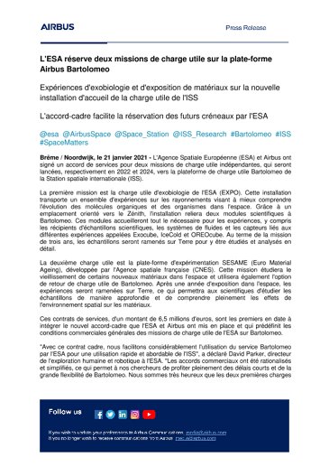 L'ESA réserve deux missions de charge utile sur la plate-forme Airbus Bartolomeo
