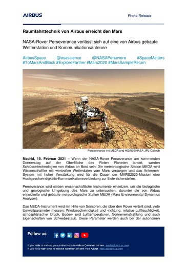 Raumfahrttechnik von Airbus erreicht den Mars