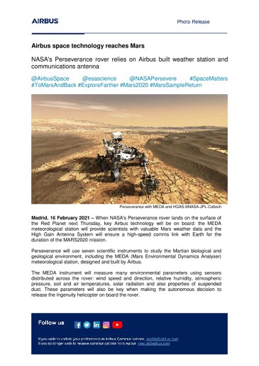Airbus space technology reaches Mars
