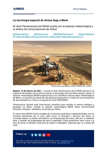 La tecnología espacial de Airbus llega a Marte