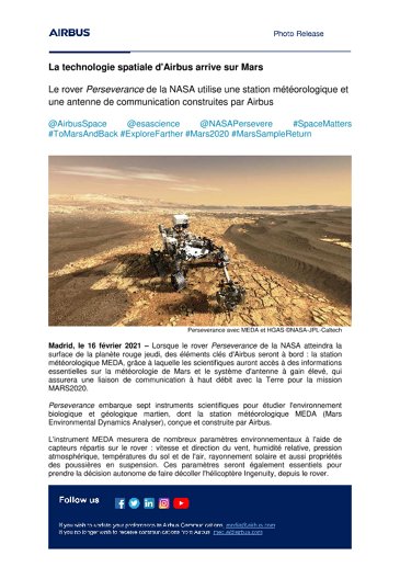 La technologie spatiale d'Airbus arrive sur Mars 