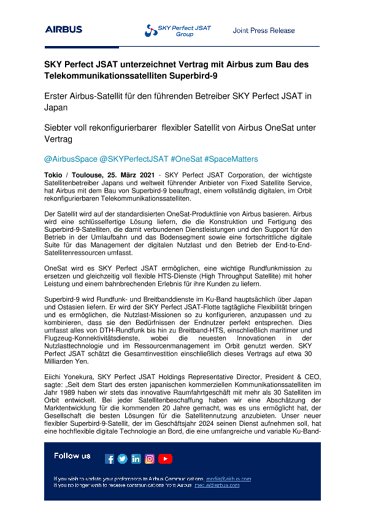 SKY Perfect JSAT unterzeichnet Vertrag mit Airbus zum Bau des Telekommunikationssatelliten Superbird-9