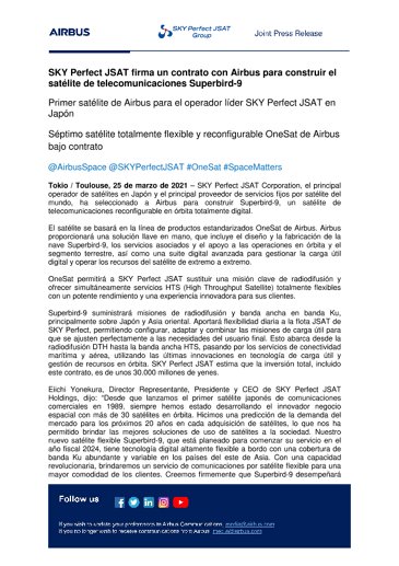 SKY Perfect JSAT firma un contrato con Airbus para construir el satélite de telecomunicaciones Superbird-9