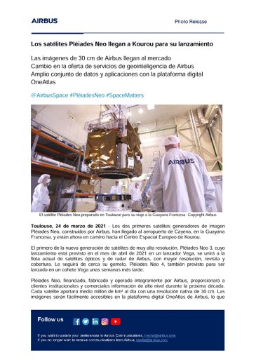Los satélites Pléiades Neo llegan a Kourou para su lanzamiento 