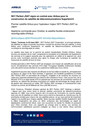 SKY Perfect JSAT signe un contrat avec Airbus pour la construction du satellite de télécommunications Superbird-9