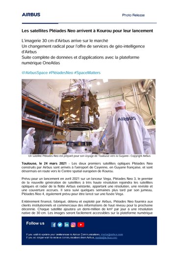 Les satellites Pléiades Neo arrivent à Kourou pour leur lancement 