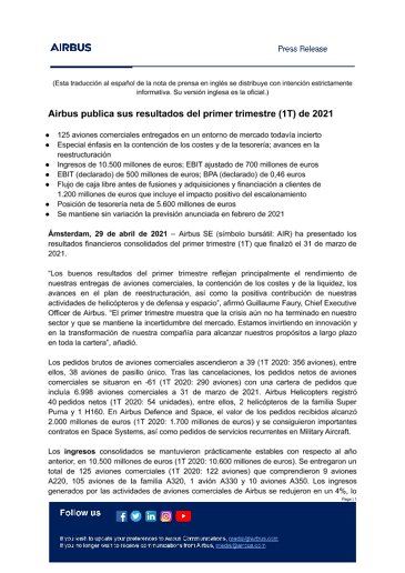 Airbus publica sus resultados del primer trimestre (1T) de 2021