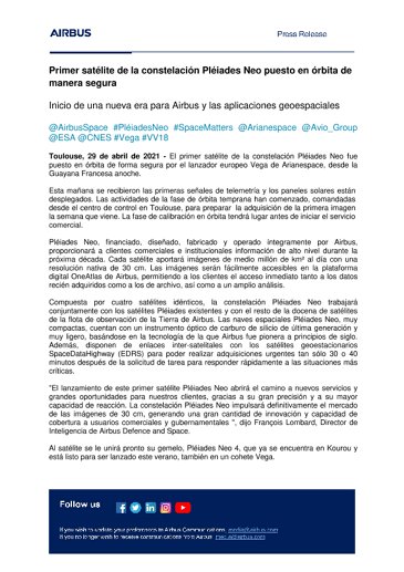 Primer satélite de la constelación Pléiades Neo puesto en órbita de manera segura