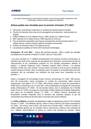 Airbus publie ses résultats pour le premier trimestre (T1) 2021