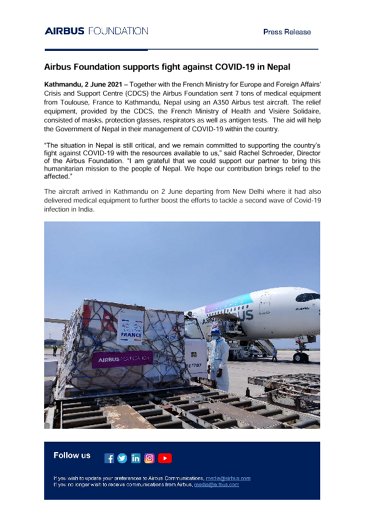 Airbus Foundation supports fight against COVID-19 in Nepal