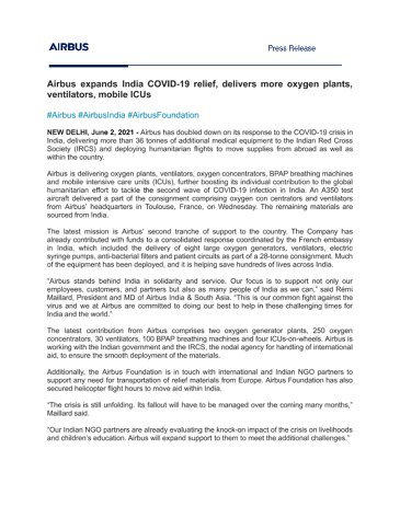 Airbus expands India COVID-19 relief, delivers more oxygen plants, ventilators, mobile ICUs