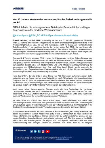 Vor 30 Jahren startete der erste europäische Erderkundungssatellit ins All