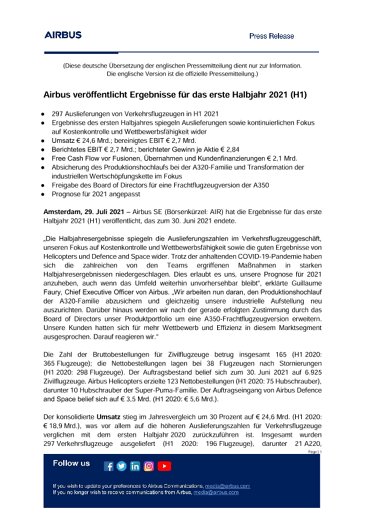 Airbus veröffentlicht Ergebnisse für das erste Halbjahr 2021 (H1)
