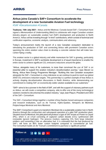 Airbus joins Canada’s SAF+ Consortium to accelerate the development of a new Sustainable Aviation Fuel technology