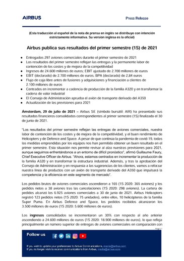 Airbus publica sus resultados del primer semestre (1S) de 2021