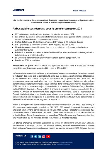 Airbus publie ses résultats pour le premier semestre 2021