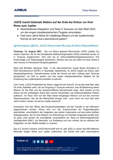 JUICE macht letztmals Station auf der Erde bei Airbus vor ihrer Reise zum Jupiter
