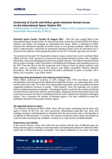 University of Zurich and Airbus grow miniature human tissue  on the International Space Station ISS
