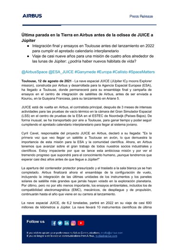 Última parada en la Tierra en Airbus antes de la odisea de JUICE a Júpiter