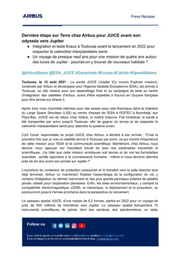Dernière étape sur Terre chez Airbus pour JUICE avant son odyssée vers Jupiter