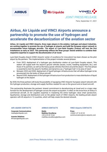 Airbus, Air Liquide and VINCI Airports announce a partnership to promote the use of hydrogen and accelerate the decarbonization of the aviation sector 