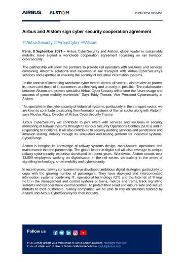 Airbus and Alstom sign cyber security cooperation agreement