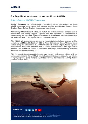 The Republic of Kazakhstan orders two Airbus A400Ms 