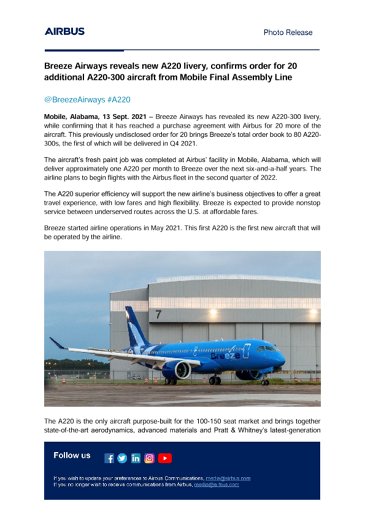 Breeze Airways reveals new A220 livery, confirms order for 20 additional A220-300 aircraft from Mobile Final Assembly Line