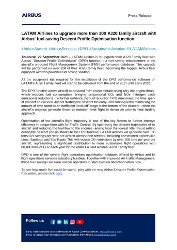 LATAM Airlines to upgrade more than 200 A320 family aircraft with Airbus’ fuel-saving Descent Profile Optimisation function