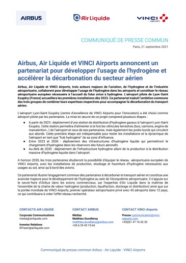 Airbus, Air Liquide and VINCI Airports announce a partnership to promote the use of hydrogen and accelerate the decarbonization of the aviation sector 