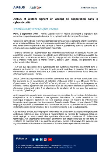 Airbus et Alstom signent un accord de coopération dans la cybersécurité
