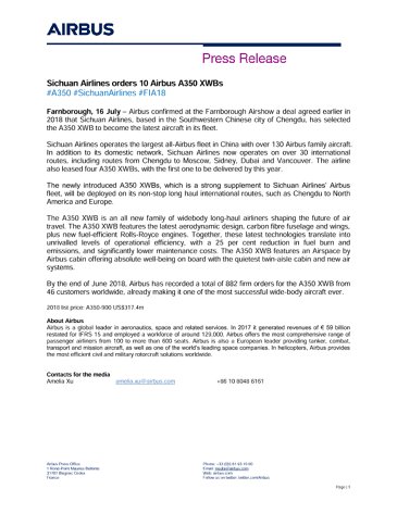 Sichuan Airlines orders 10 Airbus A350 XWBs