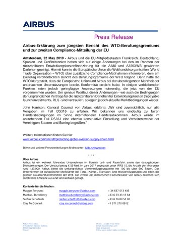 Airbus statement regarding the recent WTO AB report and the Second Compliance Communication by the EU