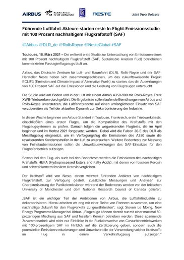 Aviation leaders launch first in-flight 100% sustainable aviation fuel emissions study on commercial passenger jet