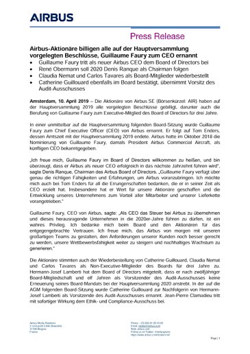 Airbus-Aktionäre billigen alle auf der Hauptversammlung vorgelegten Beschlüsse, Guillaume Faury zum CEO ernannt
