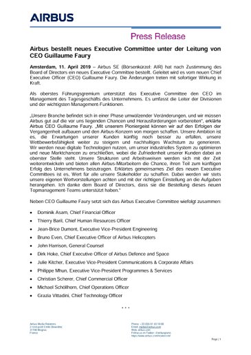 Airbus bestellt neues Executive Committee unter der Leitung von CEO Guillaume Faury