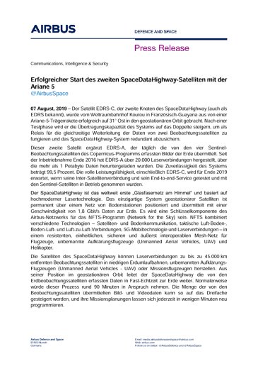 Erfolgreicher Start des zweiten SpaceDataHighway-Satelliten mit der Ariane 5