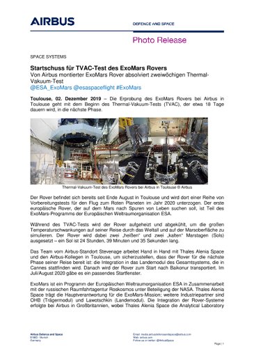 Startschuss für TVAC-Test des ExoMars Rovers 