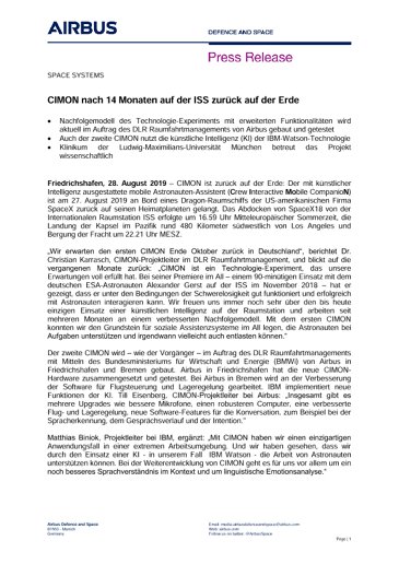 CIMON nach 14 Monaten auf der ISS zurück auf der Erde
