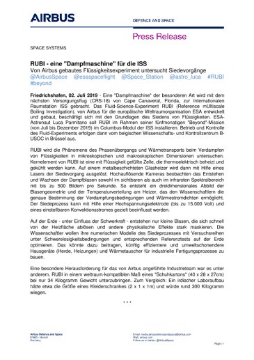 RUBI - eine "Dampfmaschine" für die ISS