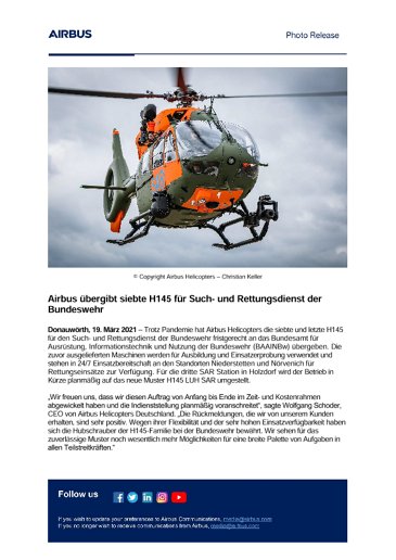 Airbus übergibt siebte H145 für Such- und Rettungsdienst der Bundeswehr