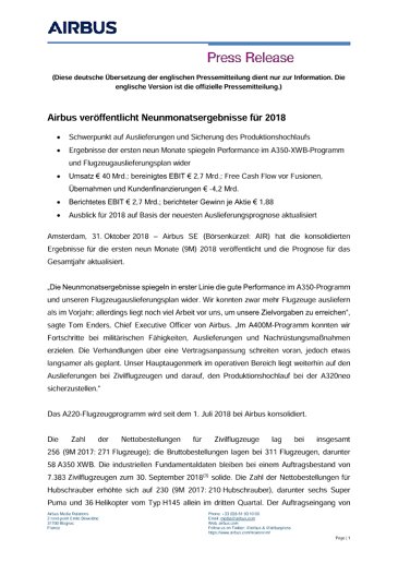 Airbus veröffentlicht Neunmonatsergebnisse für 2018