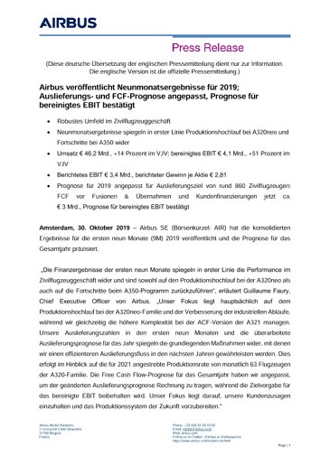 Airbus veröffentlicht Neunmonatsergebnisse für 2019; Auslieferungs- und FCF-Prognose angepasst, Prognose für bereinigtes EBIT bestätigt