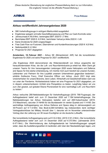 DE Press Release Airbus FY2020 Results
