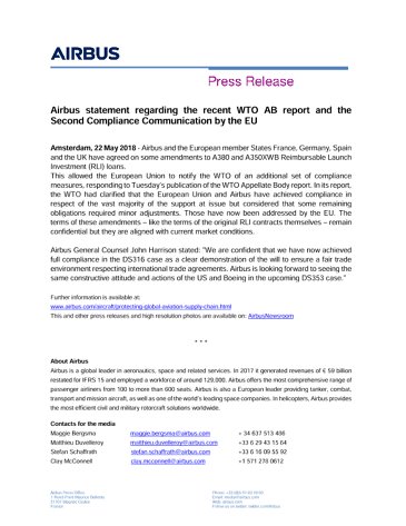Airbus statement regarding the recent WTO AB report and the Second Compliance Communication by the EU