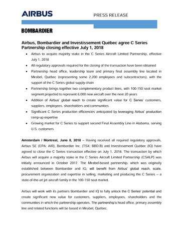 English - Airbus and Bombardier announce C Series Partnership July1