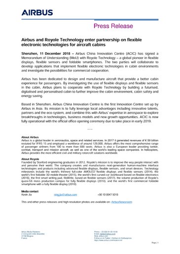 Airbus and Royole Technology enter partnership on flexible electronic technologies for aircraft cabins