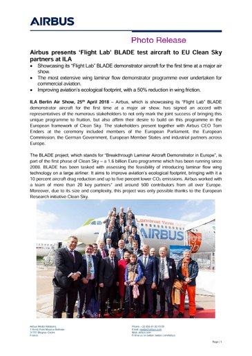 Airbus presents ‘Flight Lab’ BLADE test aircraft to EU Clean Sky partners at ILA