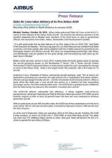 Delta Air Lines takes delivery of its first Airbus A220 